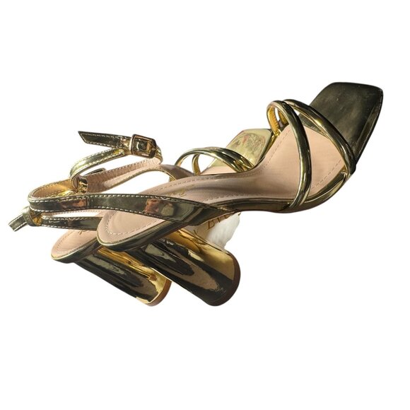 RIBONGZ Gold Block Heel Sandals With Strappy Design NWB ‎ Size 6.5 - Picture 5 of 9